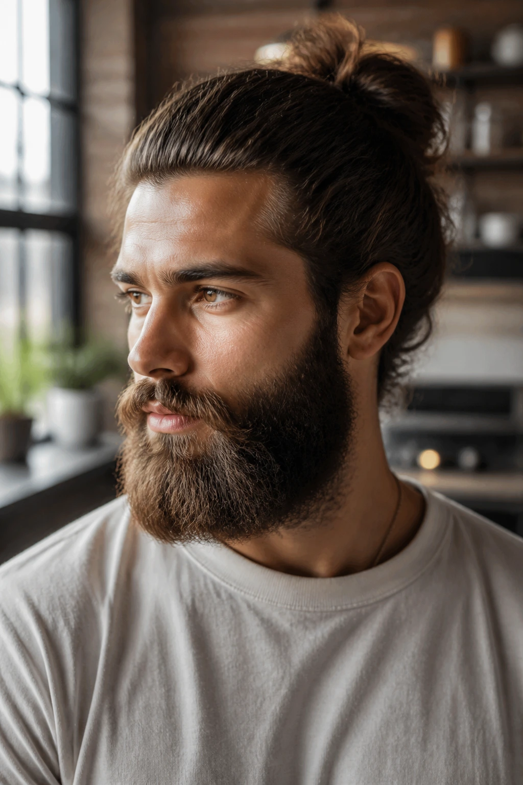 Close-up of a man with a full beard and man bun in warm room light