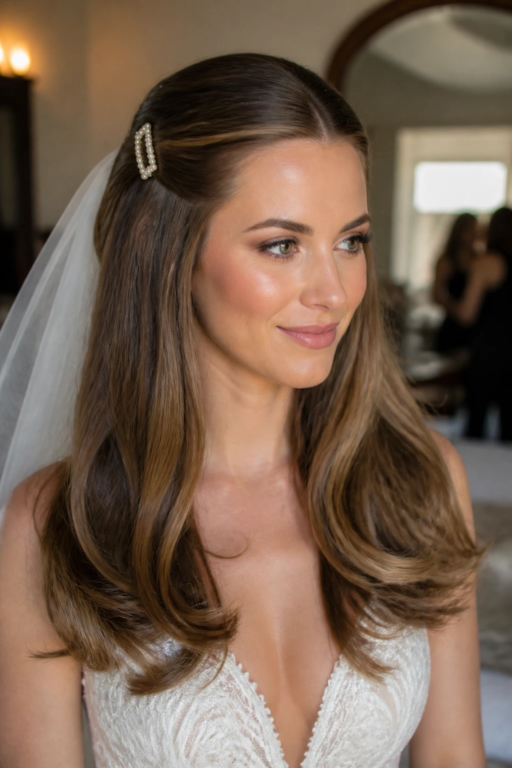 Close-up of bride with full blowout and barrettes