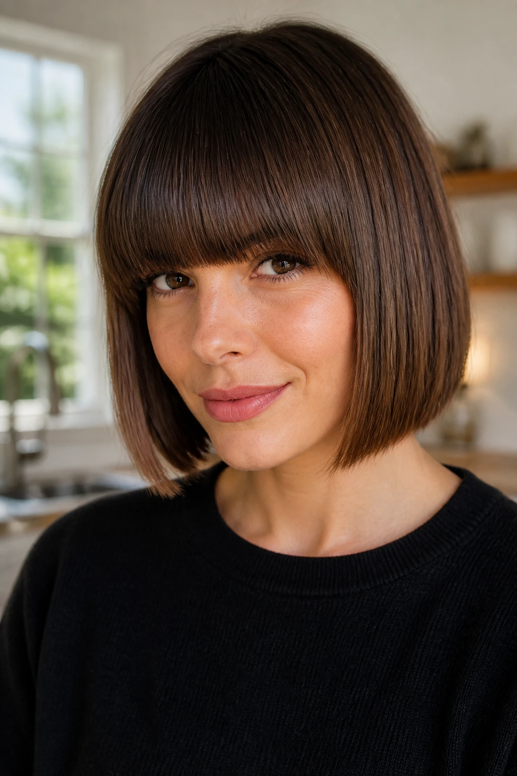 Portrait of a woman with a full fringe and blunt bob in natural light.
