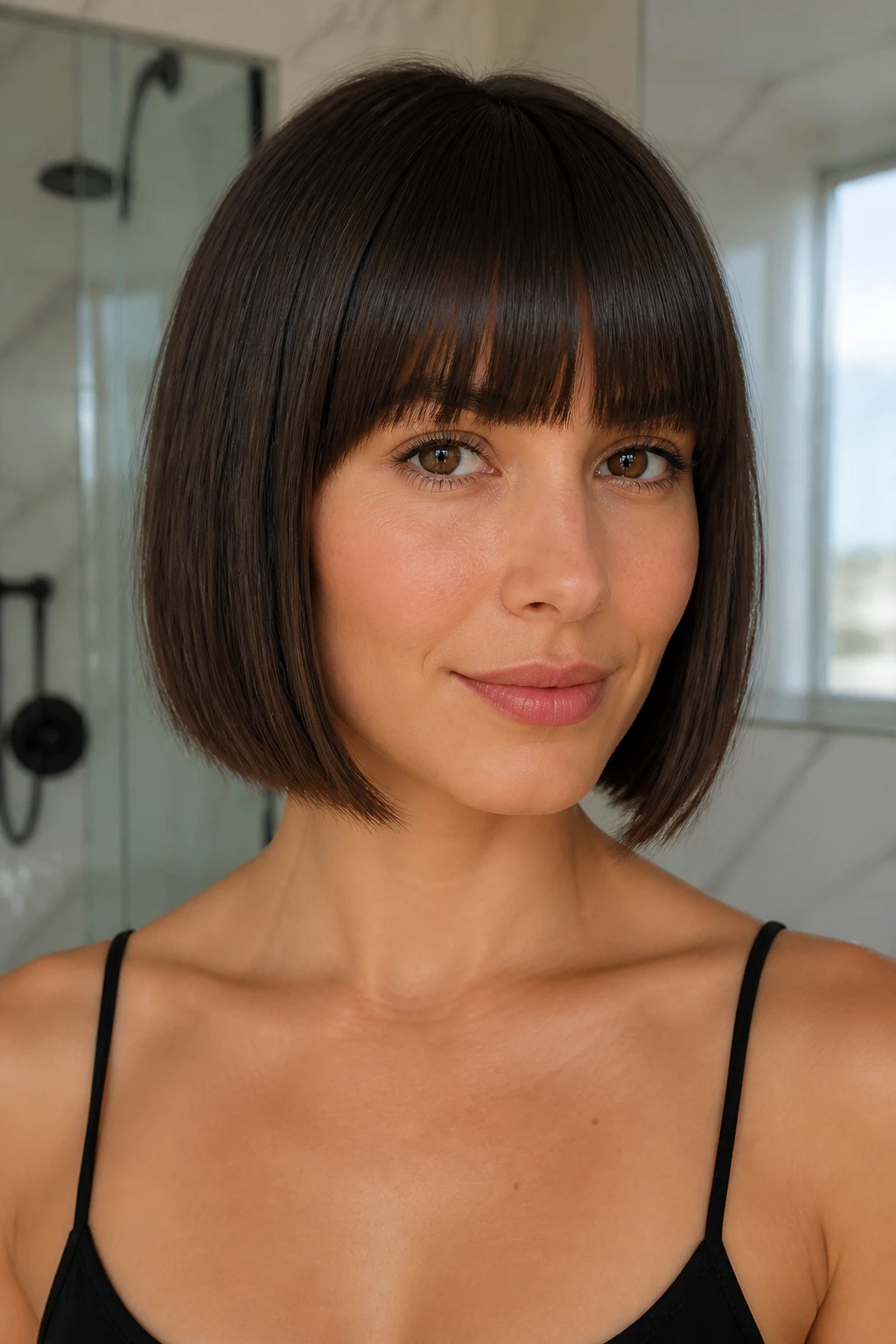 Portrait of a real woman with full fringe and blunt bob bobbed ends