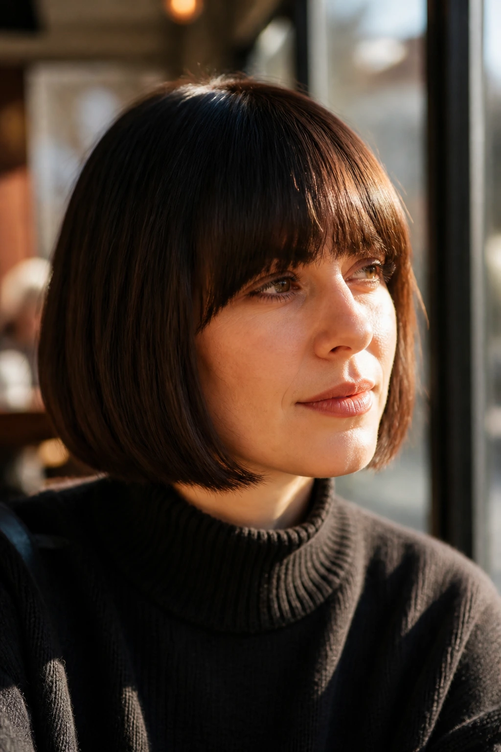 Close-up of a real woman with a full fringe bob and dense bangs in a sunlit cafe