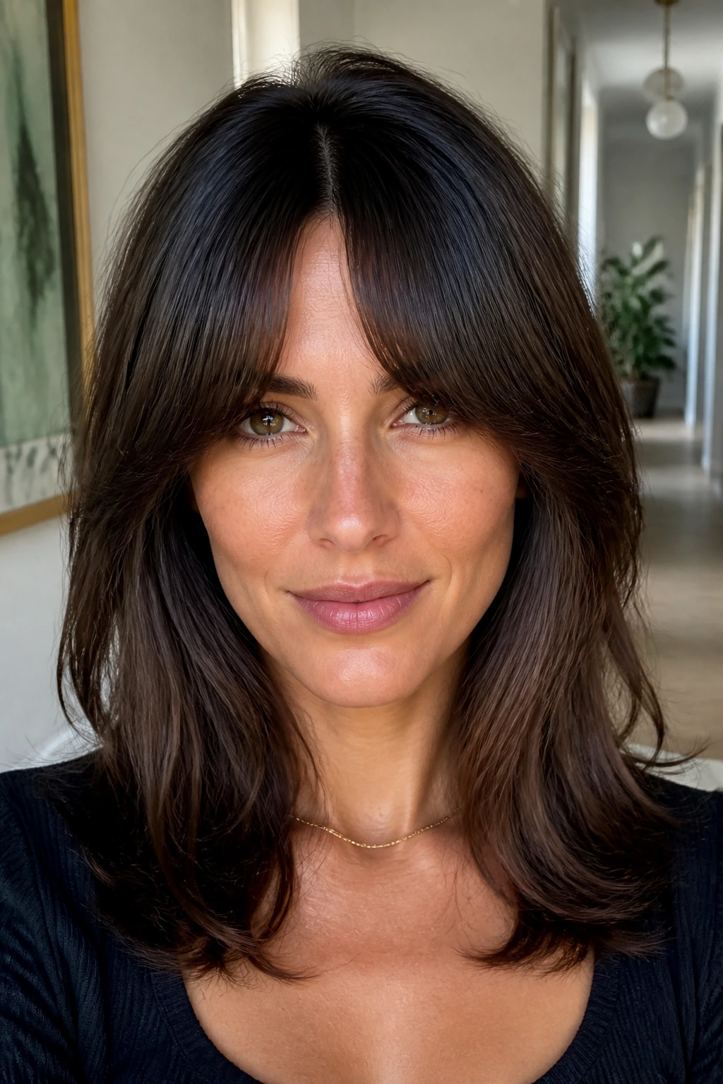 Close-up portrait of a real person with full fringe center split in a modern hallway light