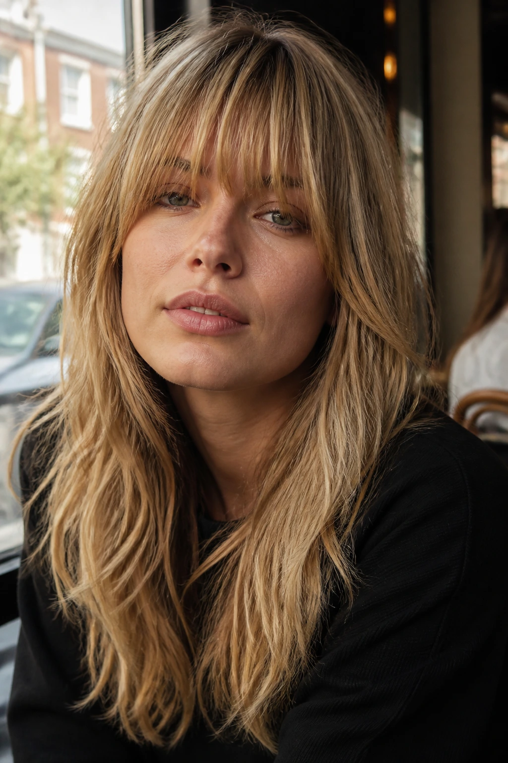 Close-up portrait of a real woman with a full fringe hitting the brows in a rocker shag.