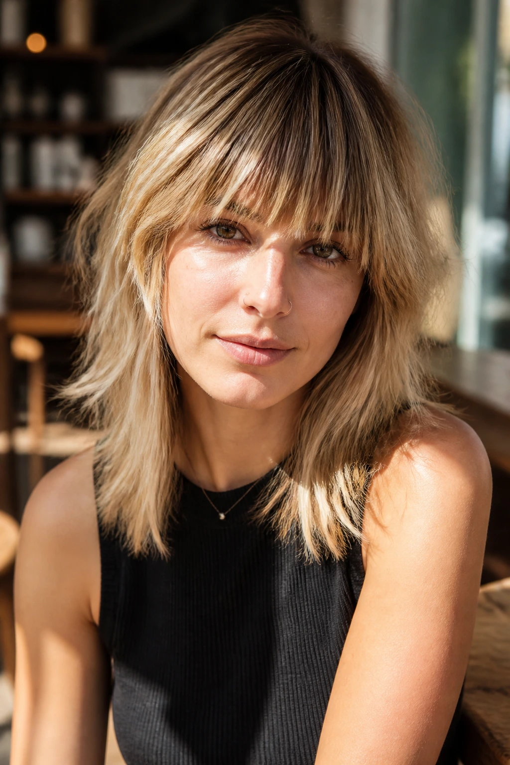 Close-up of Full Fringe Shag with Airy Ends on a real person