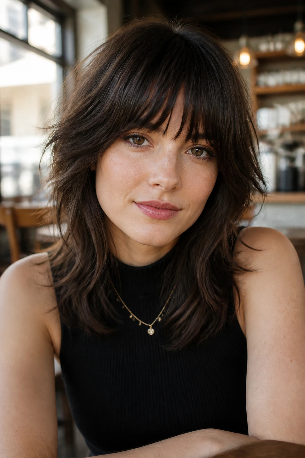 Portrait of woman with full fringe and light layers in a shag haircut.