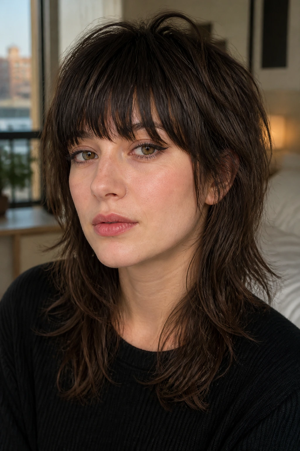 Close-up of a real woman with full fringe shag and soft sides