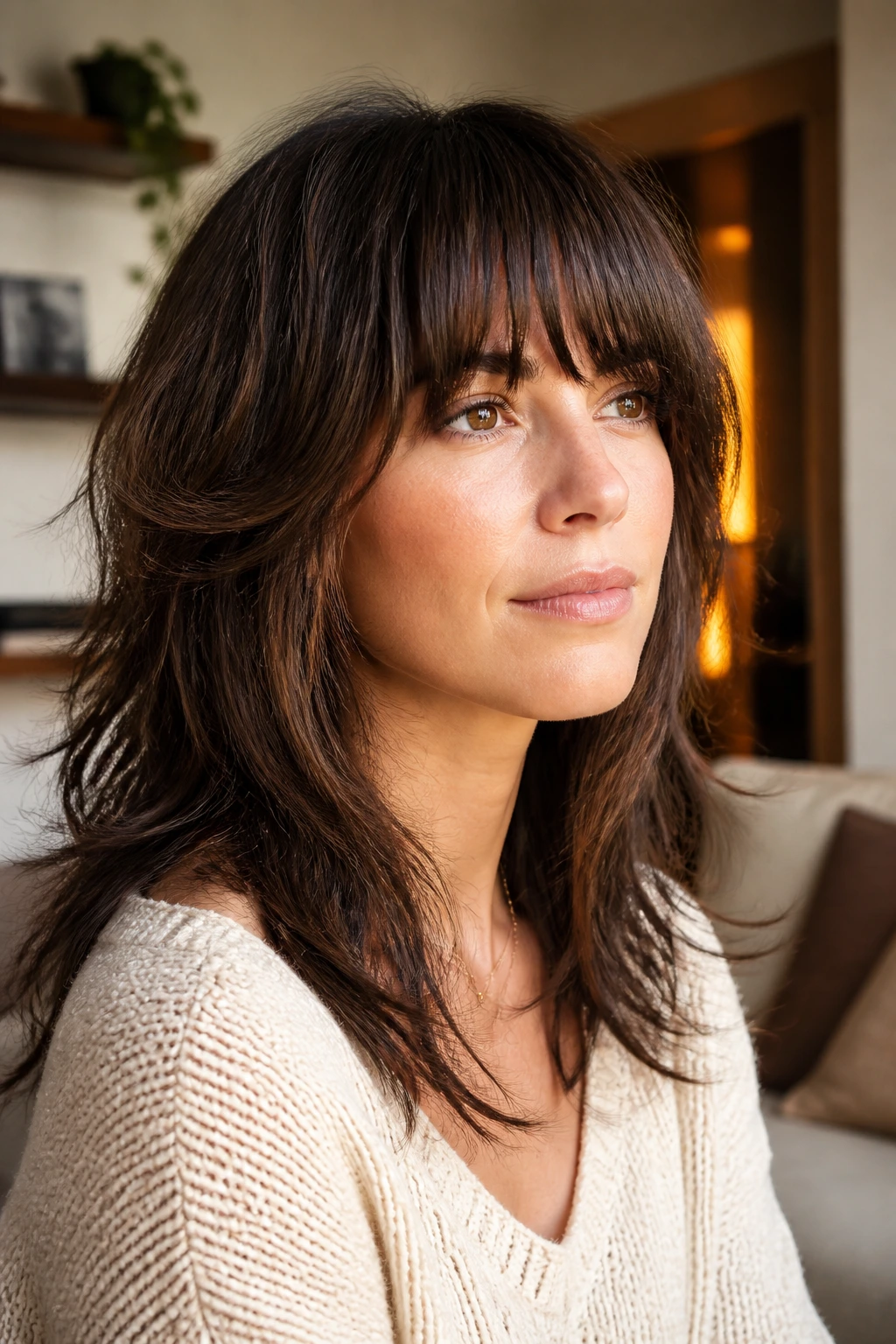 Close-up of a real woman with a full fringe wolf cut