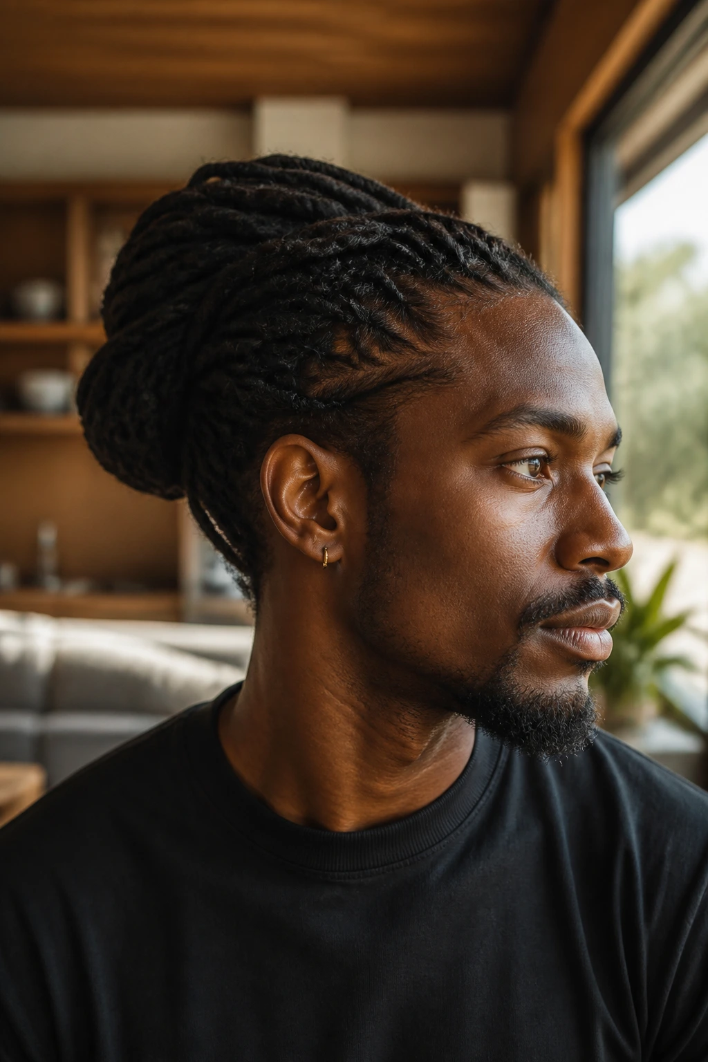 Close-up of a person with a full loc bun at the back, warm natural light.