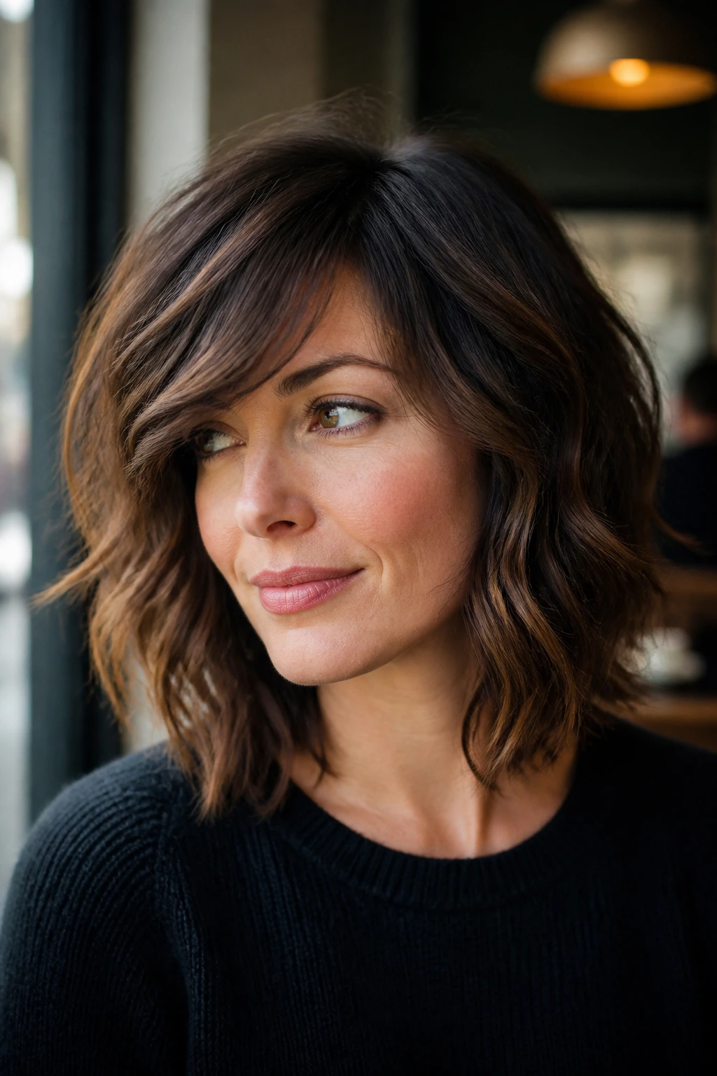 Real woman with full-movement shag bob and side-part bangs at cafe window