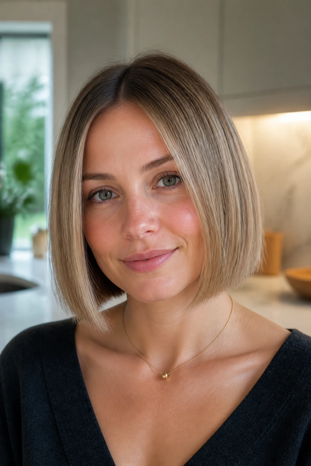 Real woman with full-perimeter blunt bob for fine hair in bright daylight