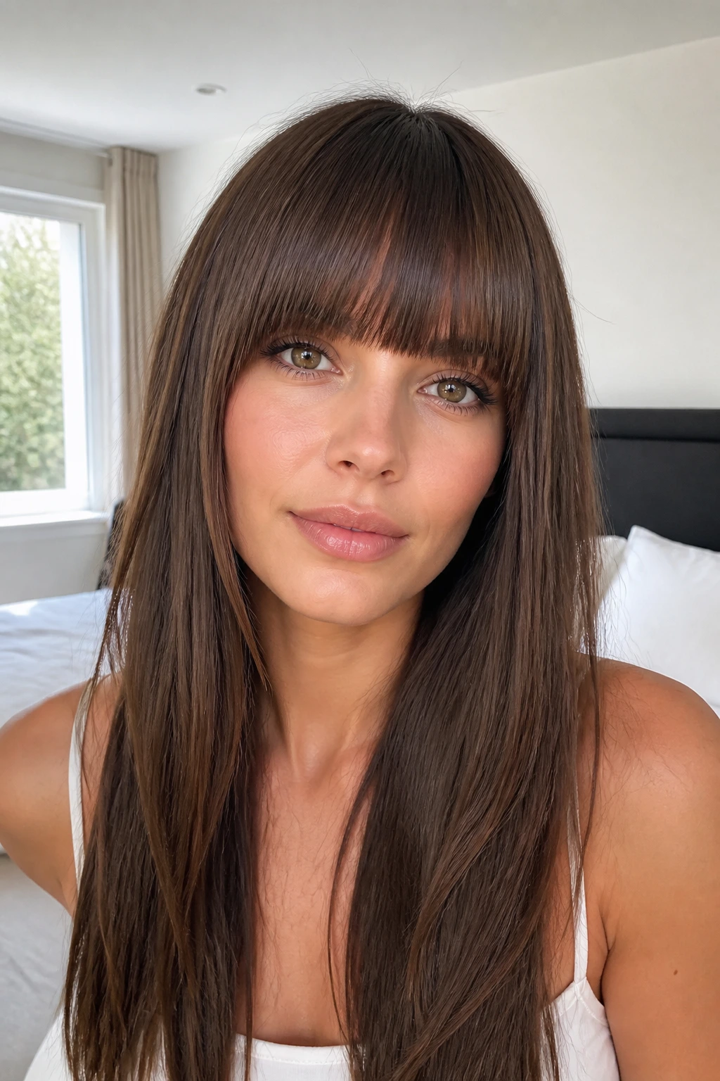 Close-up portrait of a real woman with full straight fringe and long hair