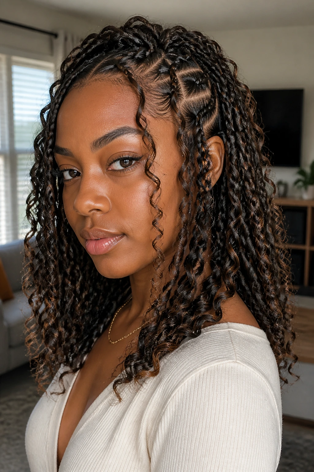 Close-up of a real woman with full-texture boho braid variation