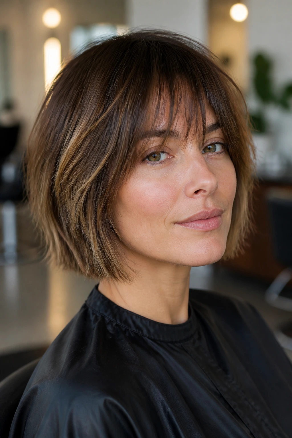 Close-up portrait of a real woman with a neatly trimmed shaggy bob showing a strong perimeter