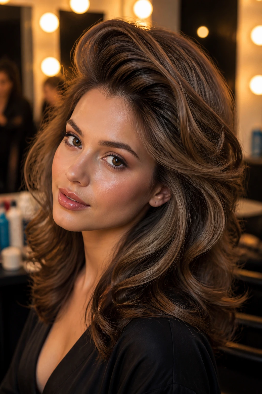 Close-up of a real woman with a party-ready full-volume blowout