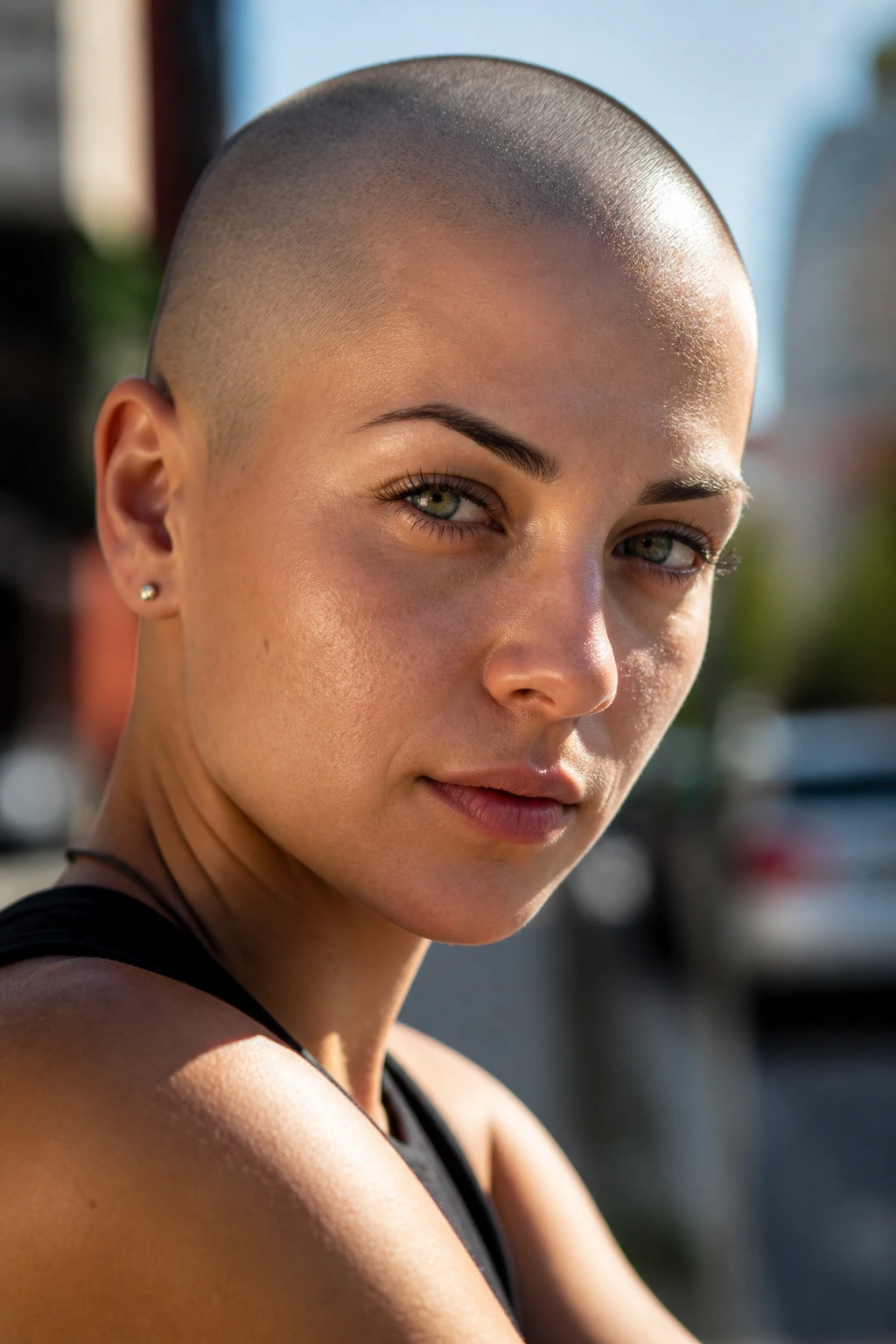 Real woman with a full #0 buzz close-up outdoors