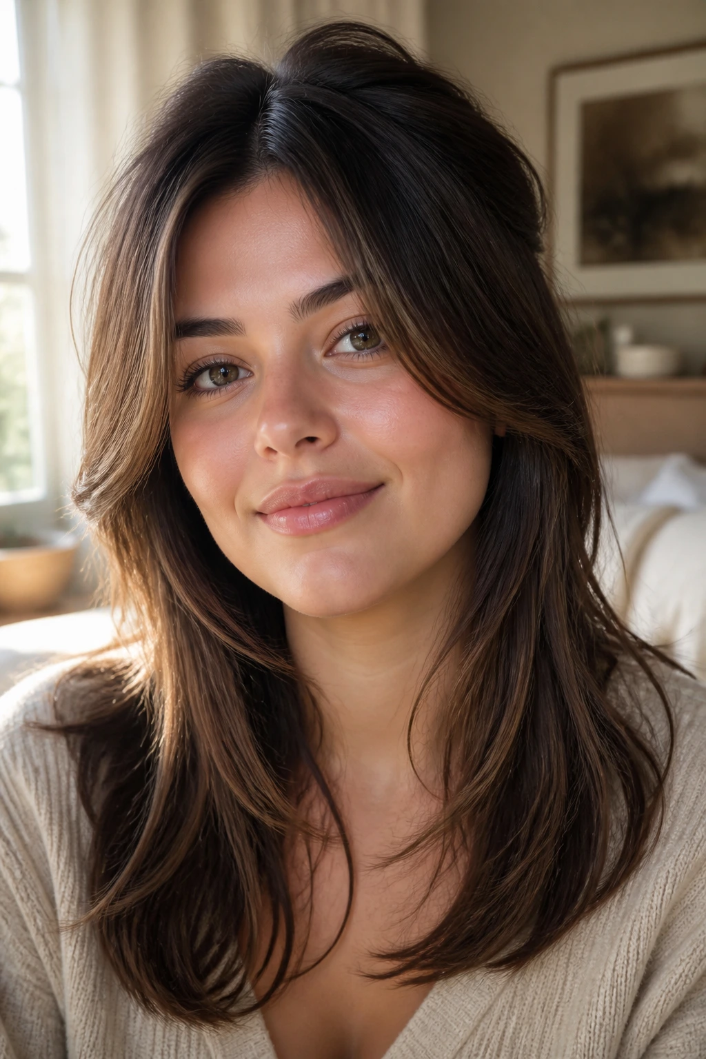 Close-up portrait of a real woman with fuller cheeks and flattering hair framing