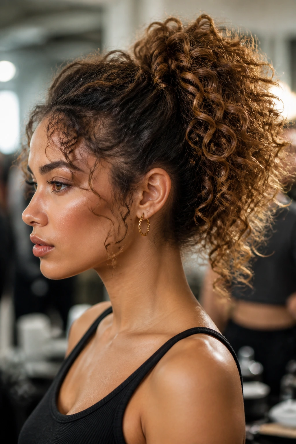 Portrait of a real woman with a voluminous curly ponytail illustrating fullness