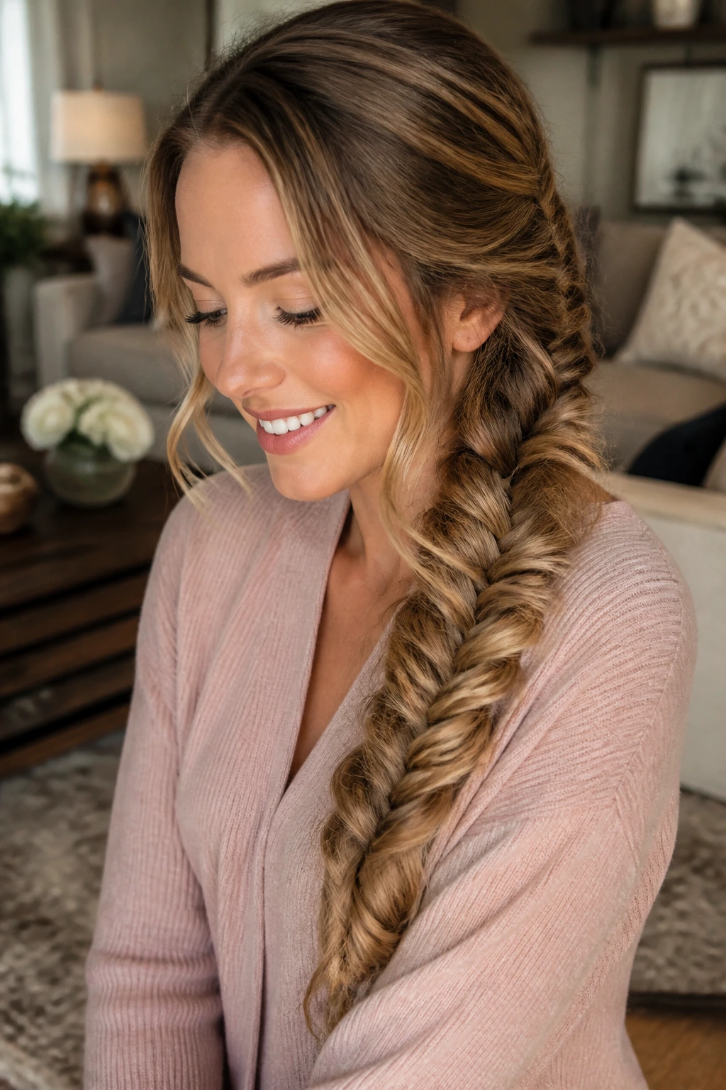 Real person with fuller, soft fishtail braid close-up