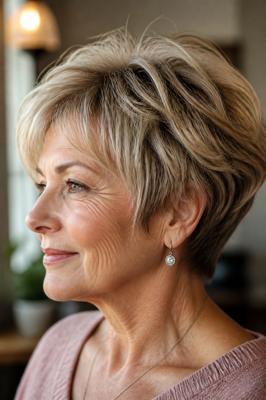 Close-up portrait of a real woman with fuller crown lift from a short haircut