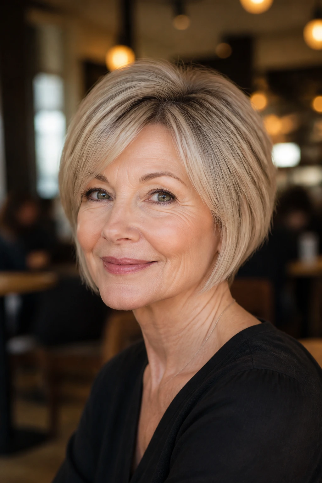 Portrait of a real woman with a fuller-looking short bob on fine hair