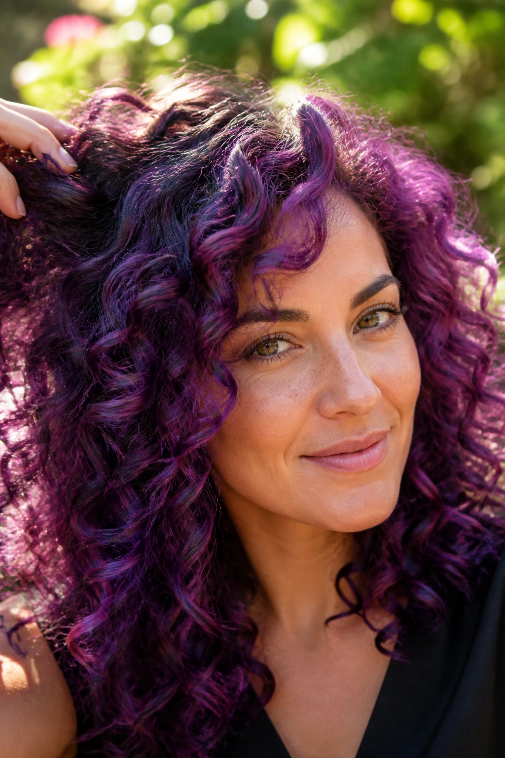 Close-up portrait of a woman with galaxy purple curls showing multiple purple shades