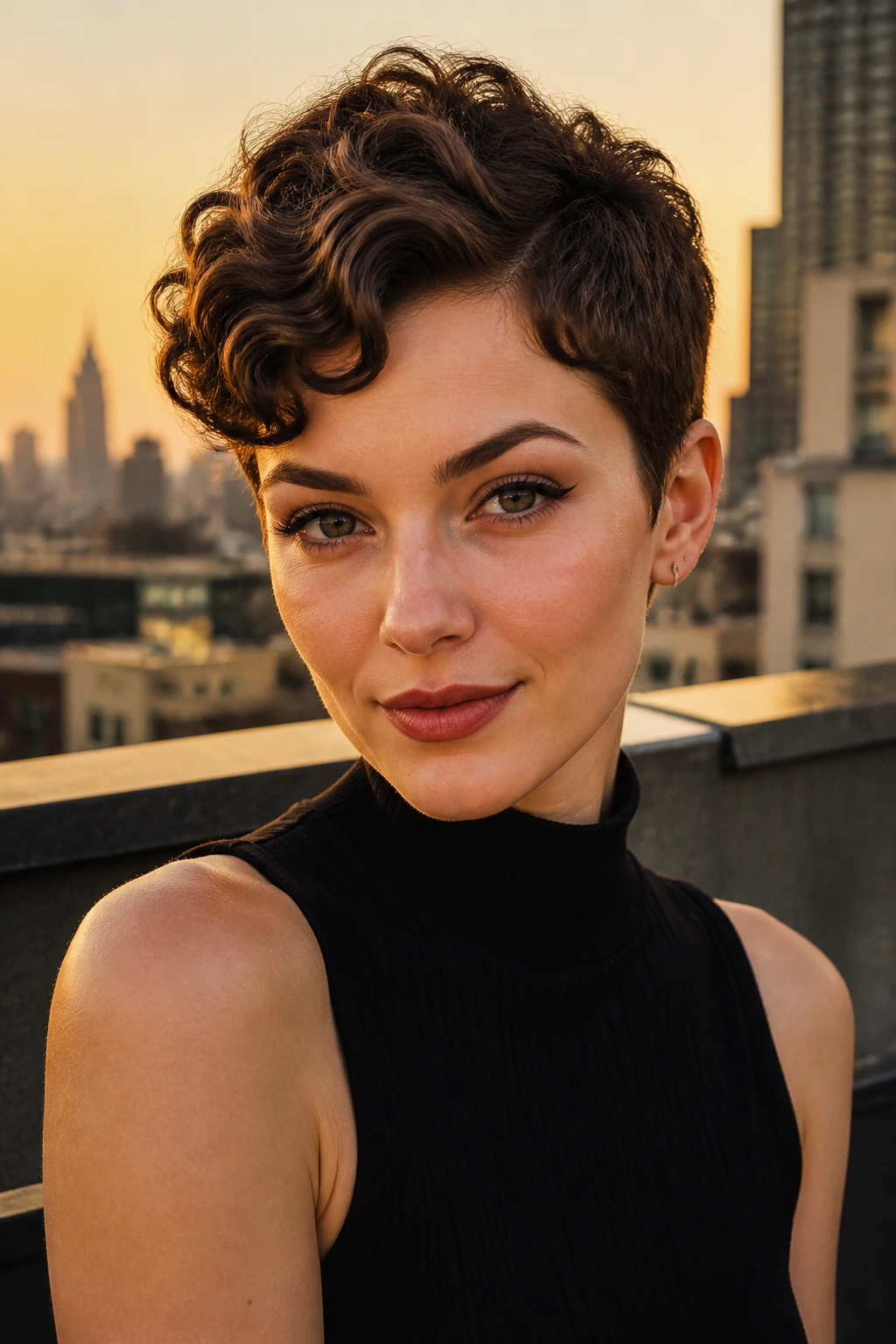 Portrait of a woman with a gamine crop and S-shaped curls on a city rooftop at golden hour.