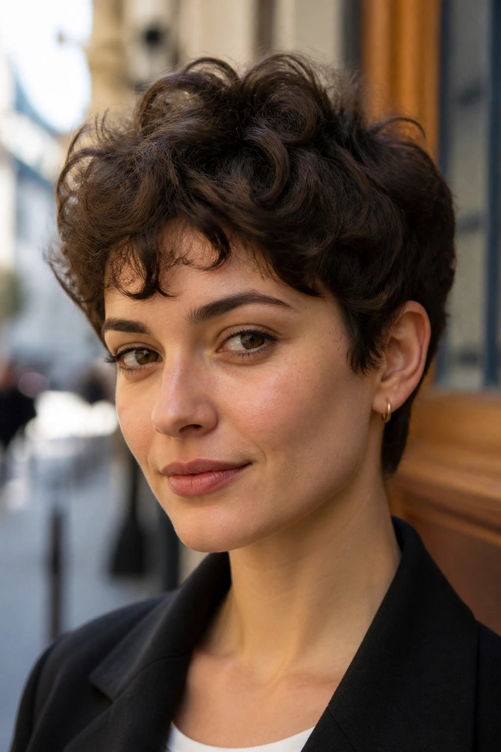 Portrait of a woman wearing a Gamine Pixie With Curly Crown hairstyle.
