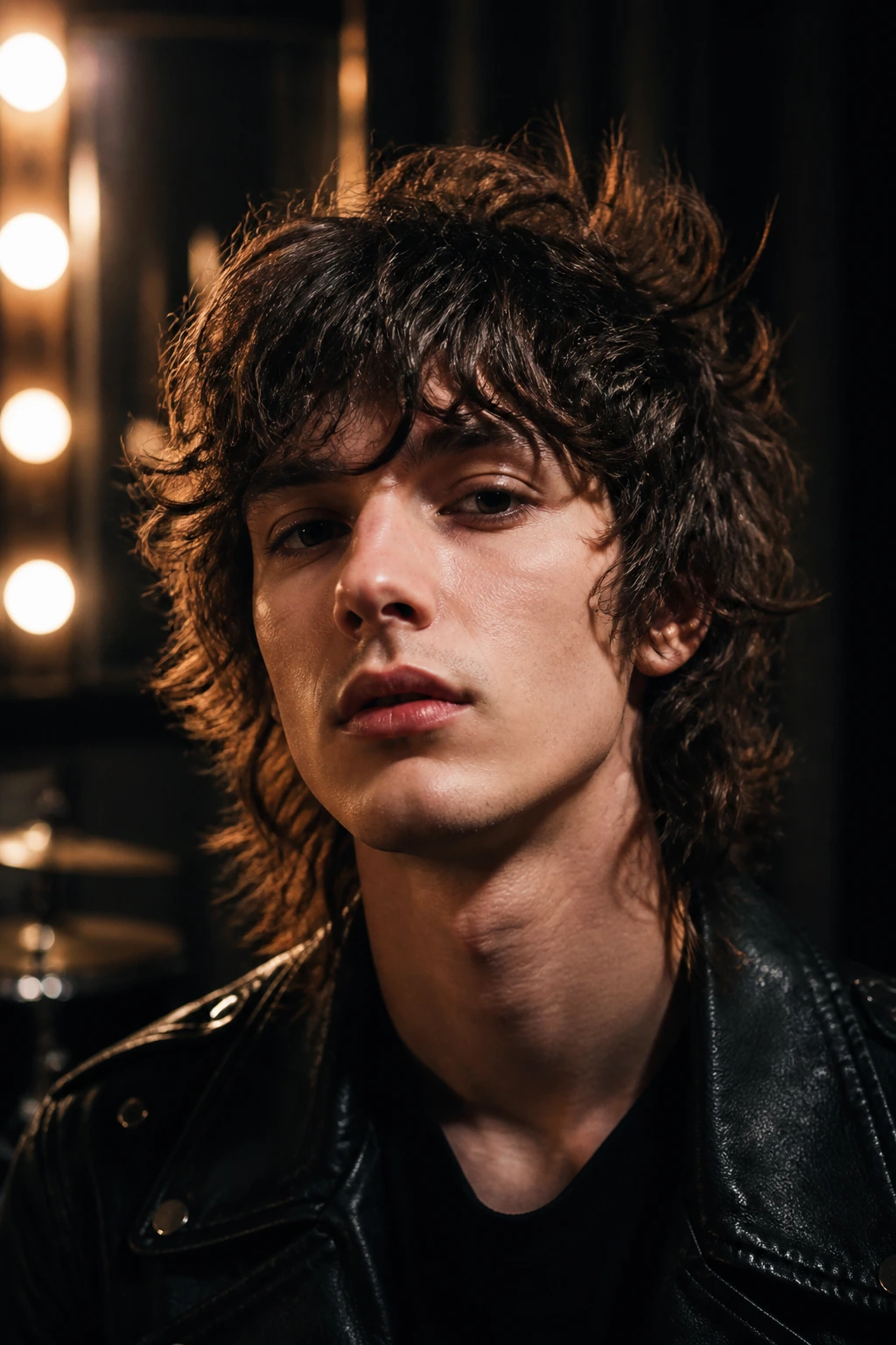 Close-up of real person with choppy Garage Band Shag under stage lighting