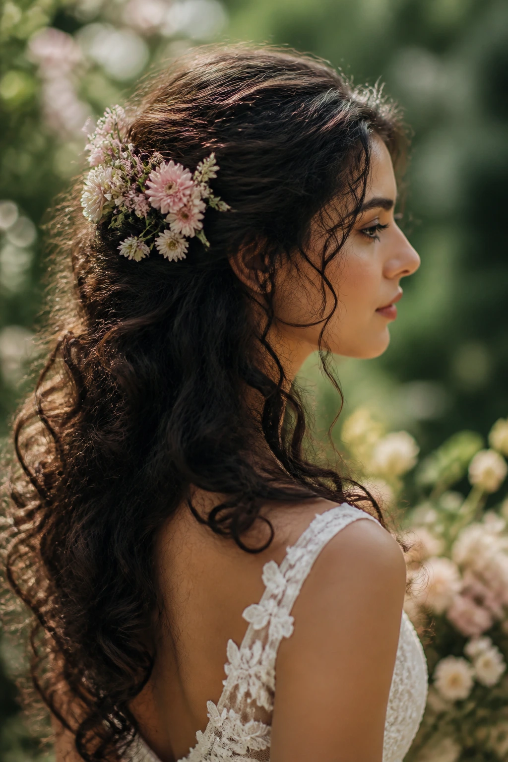 Bride with garden-inspired curly hairstyle and floral accent