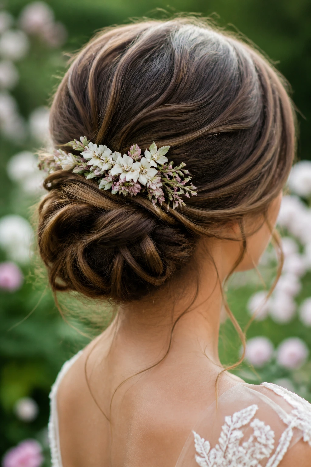 Real bride wearing a garden chignon with a floral comb in a garden setting