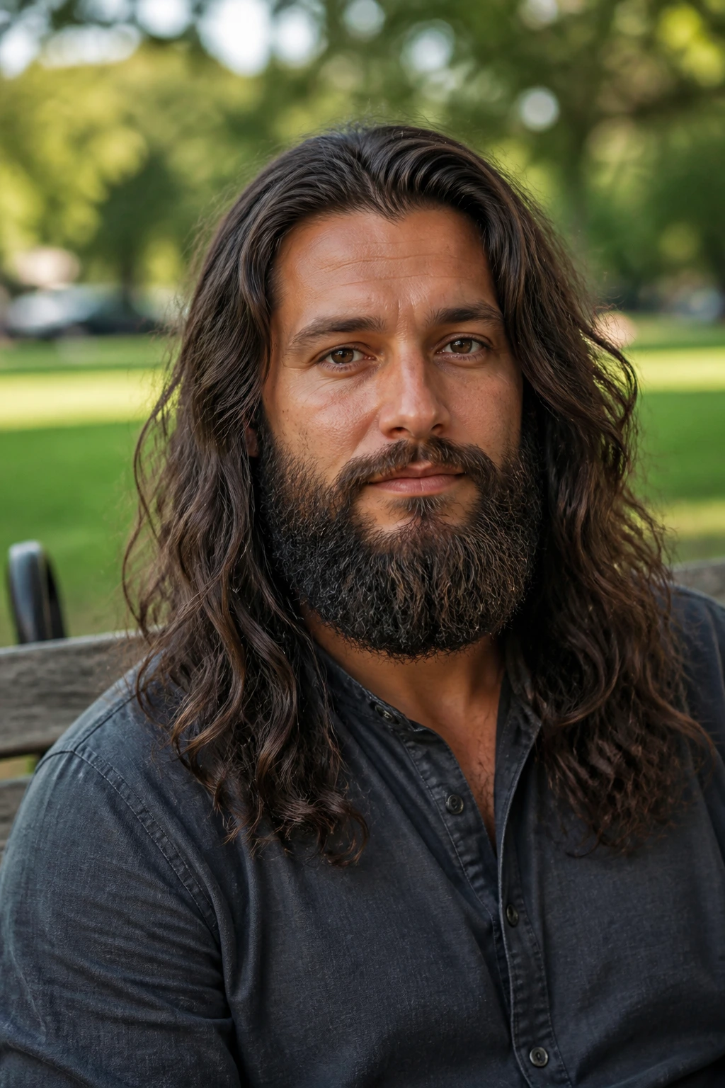 Man with mid-back waves and Garibaldi beard outdoors in sunlight