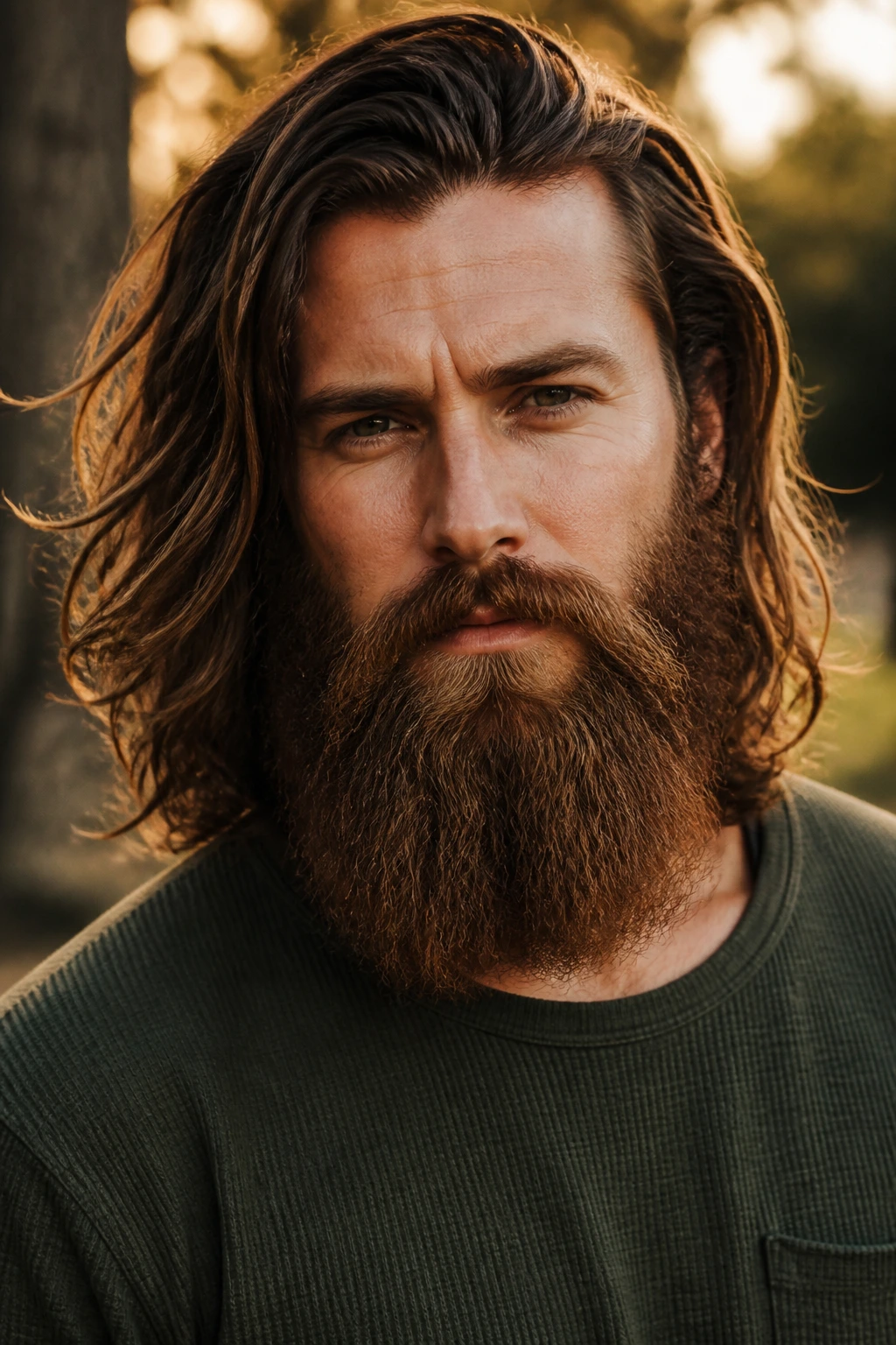Man with Garibaldi beard and loose waves in a warm outdoor setting