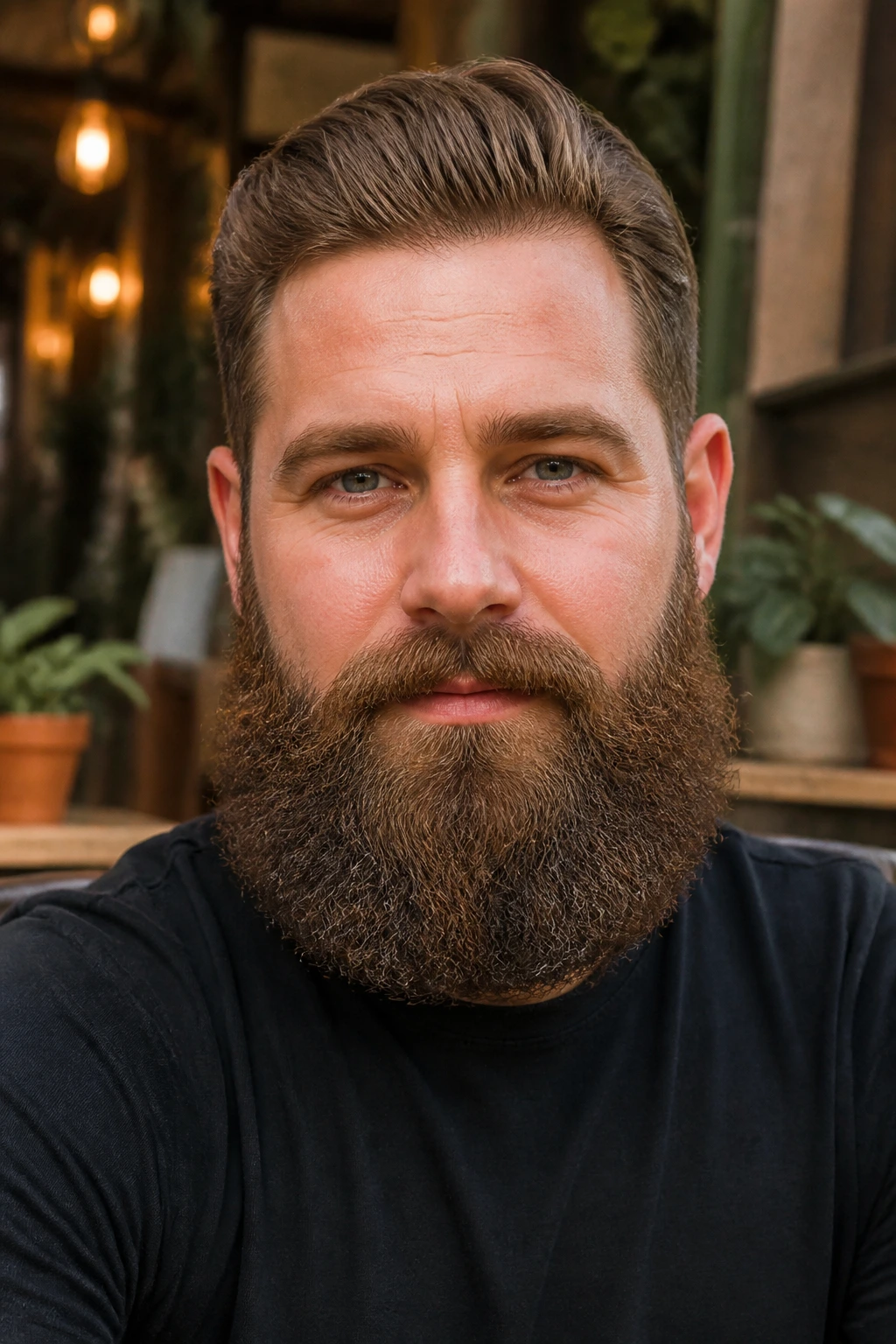 Close-up of a man with a Garibaldi beard in a cafe setting