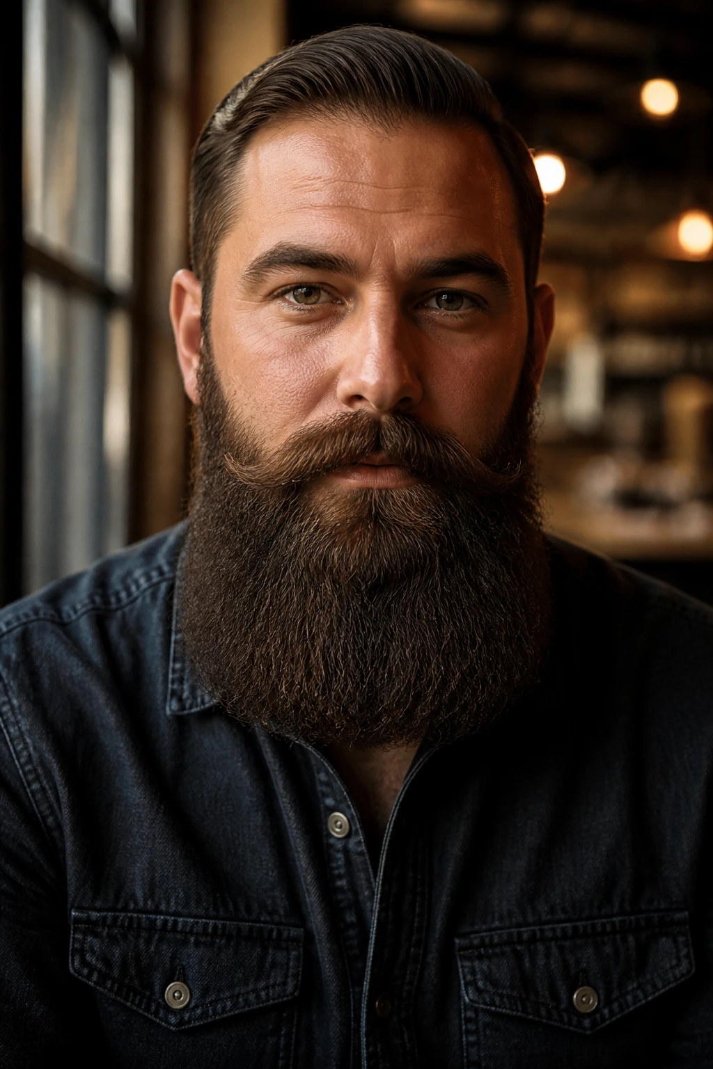 Close-up of a real man with a Garibaldi beard featuring a rounded bottom and bold mustache.