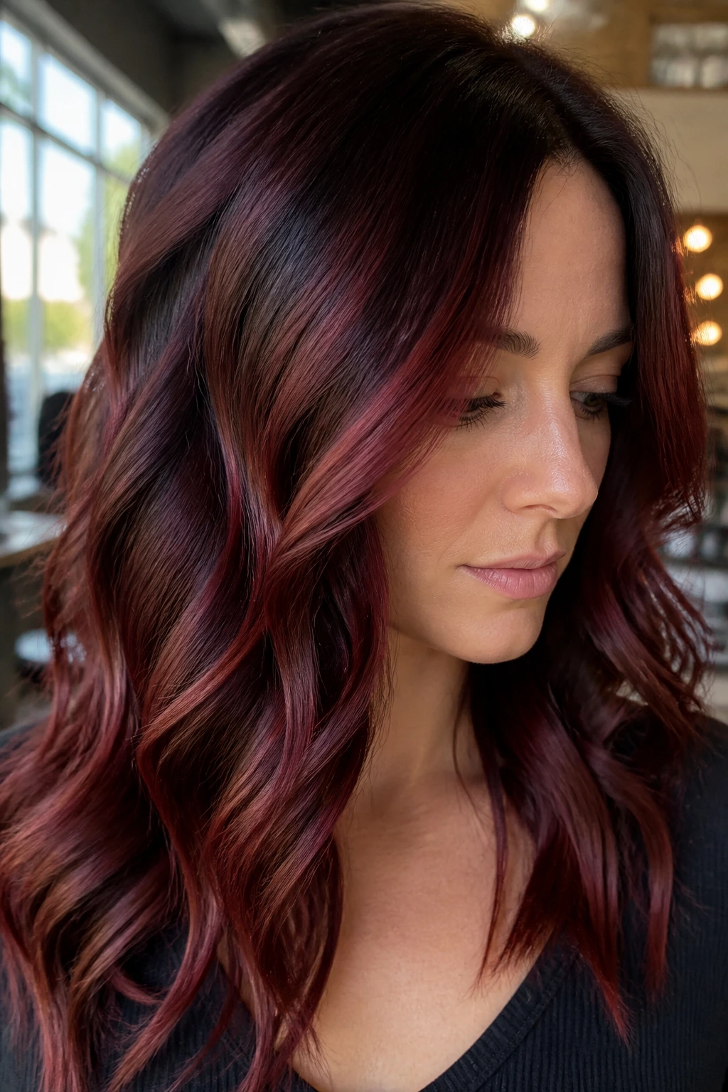 Close-up of a real woman with garnet balayage on brunette hair