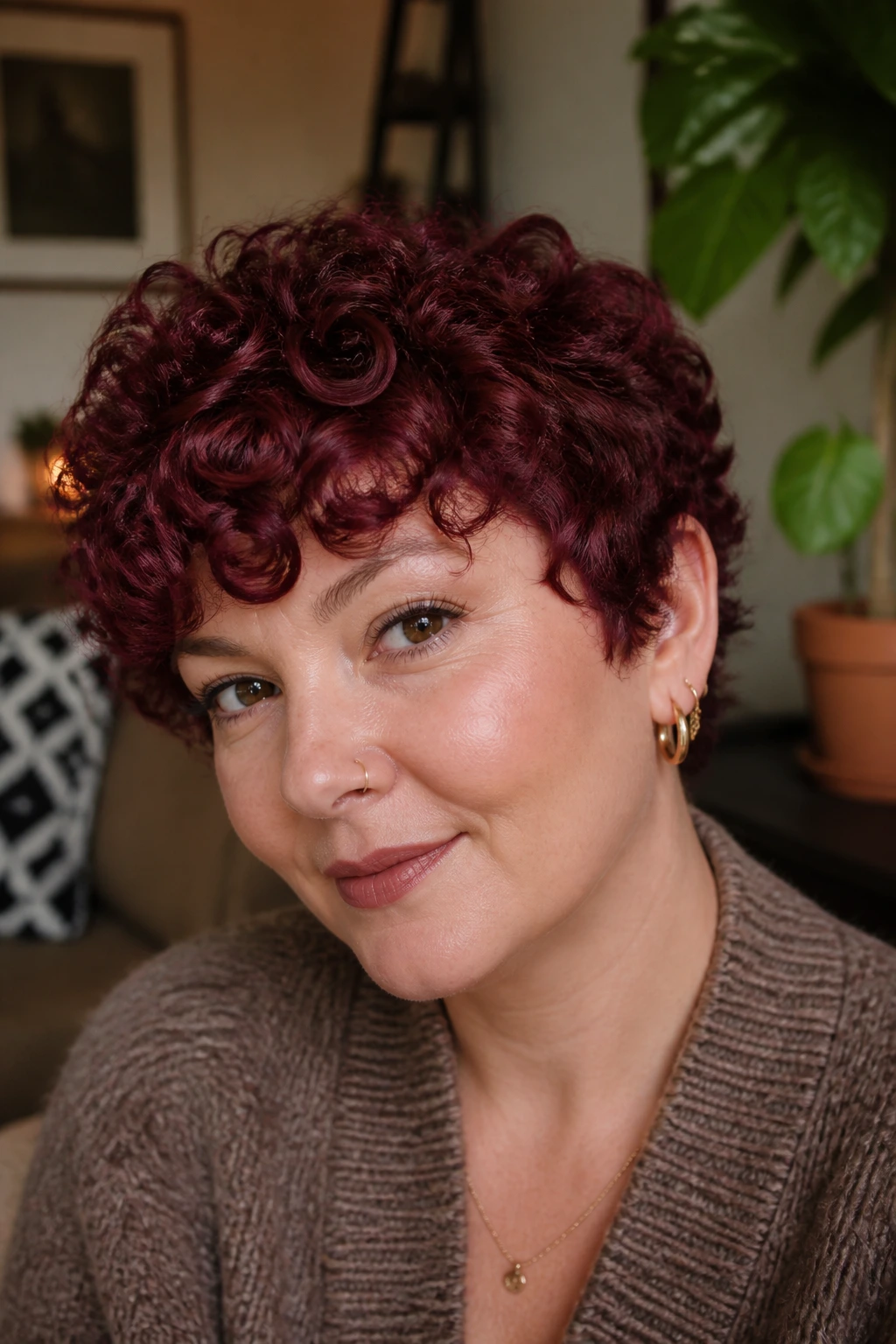 Close-up portrait of a real woman with garnet red curls in a cropped cut, rich jewel tone and defined curl pattern