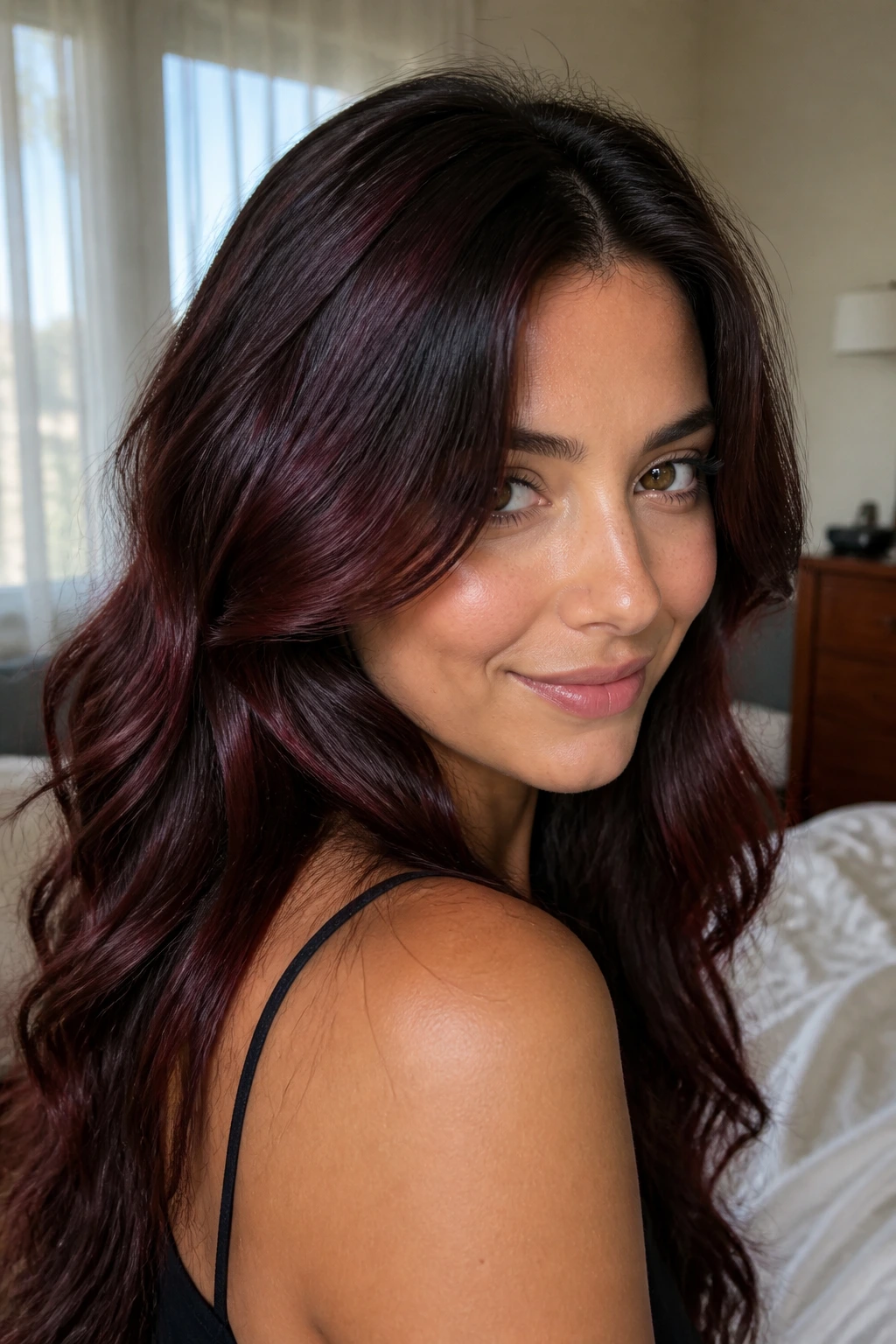 Close-up of garnet gloss on dark hair