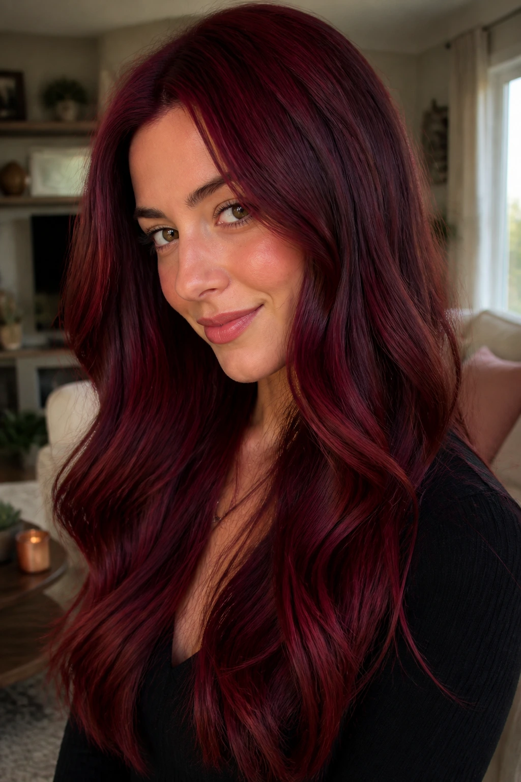 Close-up of a real person with long garnet-toned waves catching light