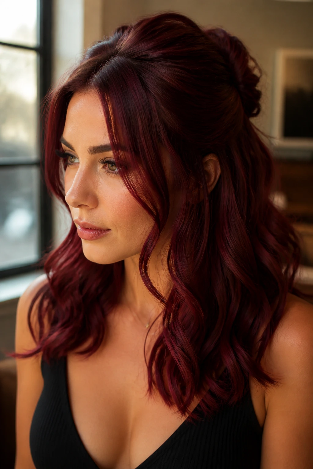 Close-up of a real woman with Garnet Half-Up Waves hairstyle