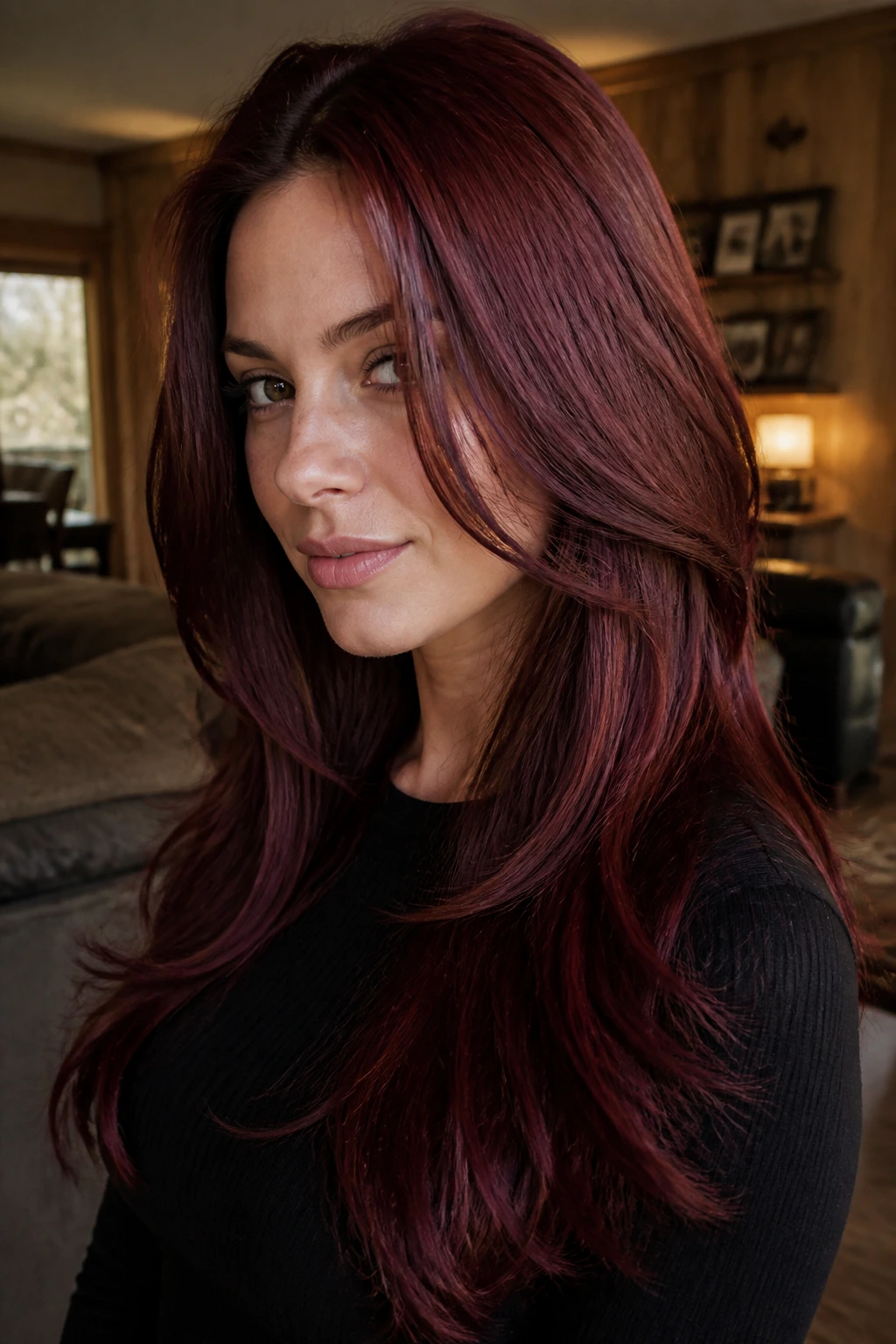 Close-up portrait of a real person with deep garnet long layered hair