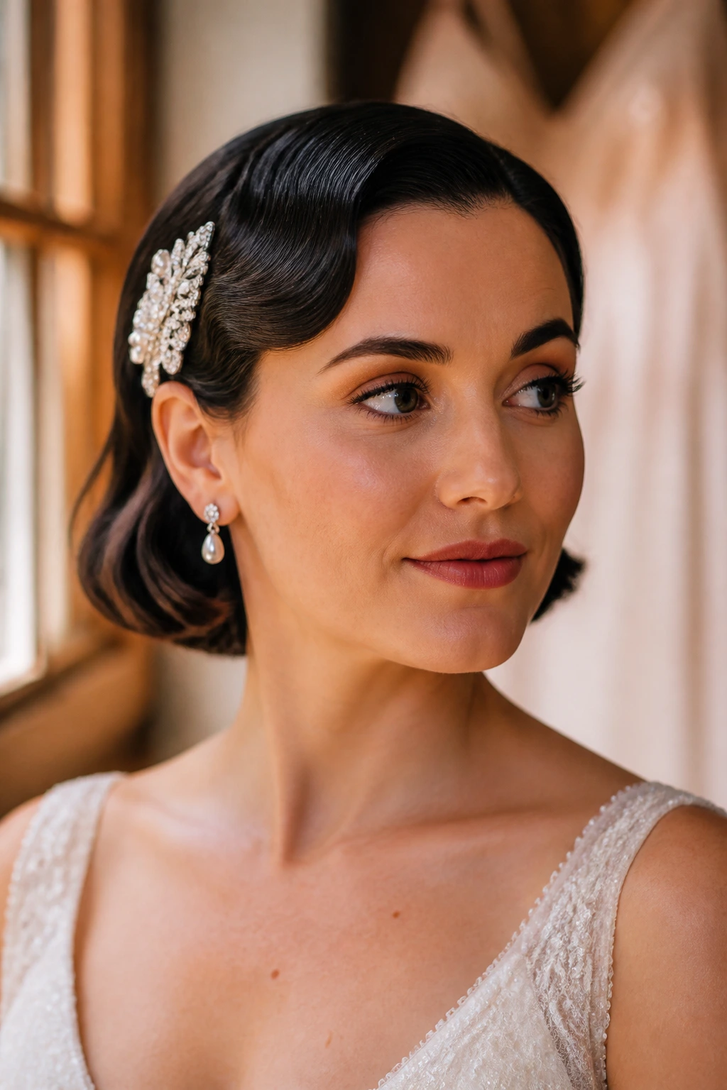 Bride with Short-and-Sleek Gatsby Shift hairstyle on a bob