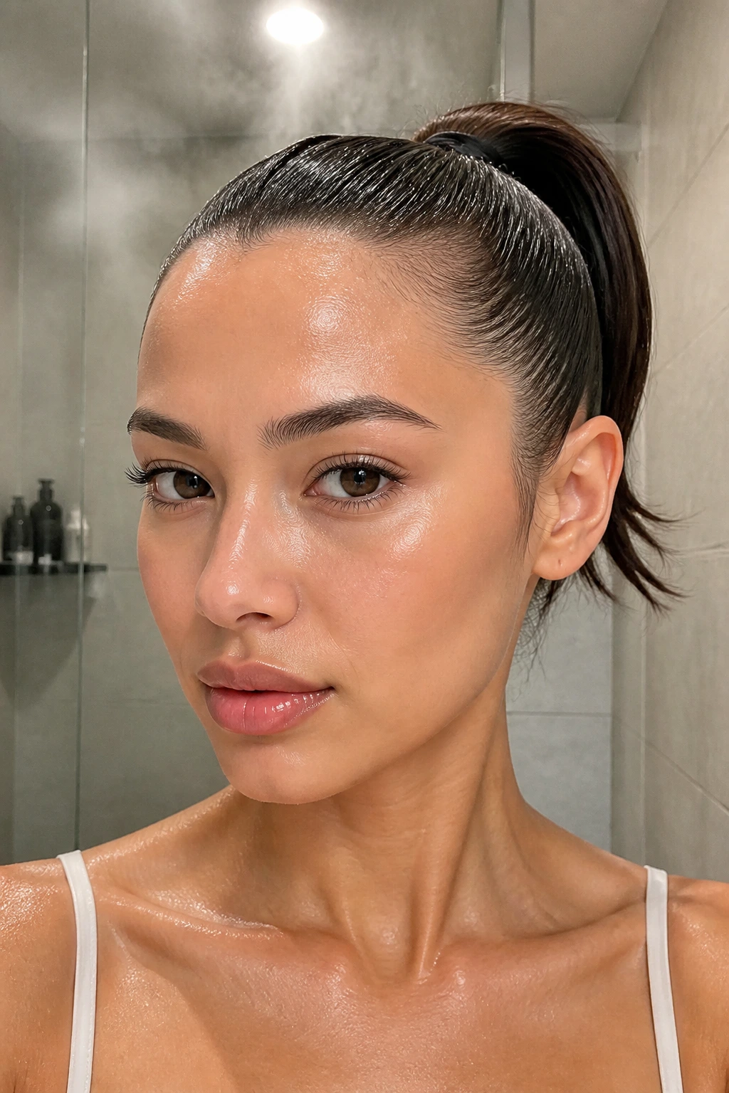Close-up portrait of a real woman with a sleek gel pony hairstyle