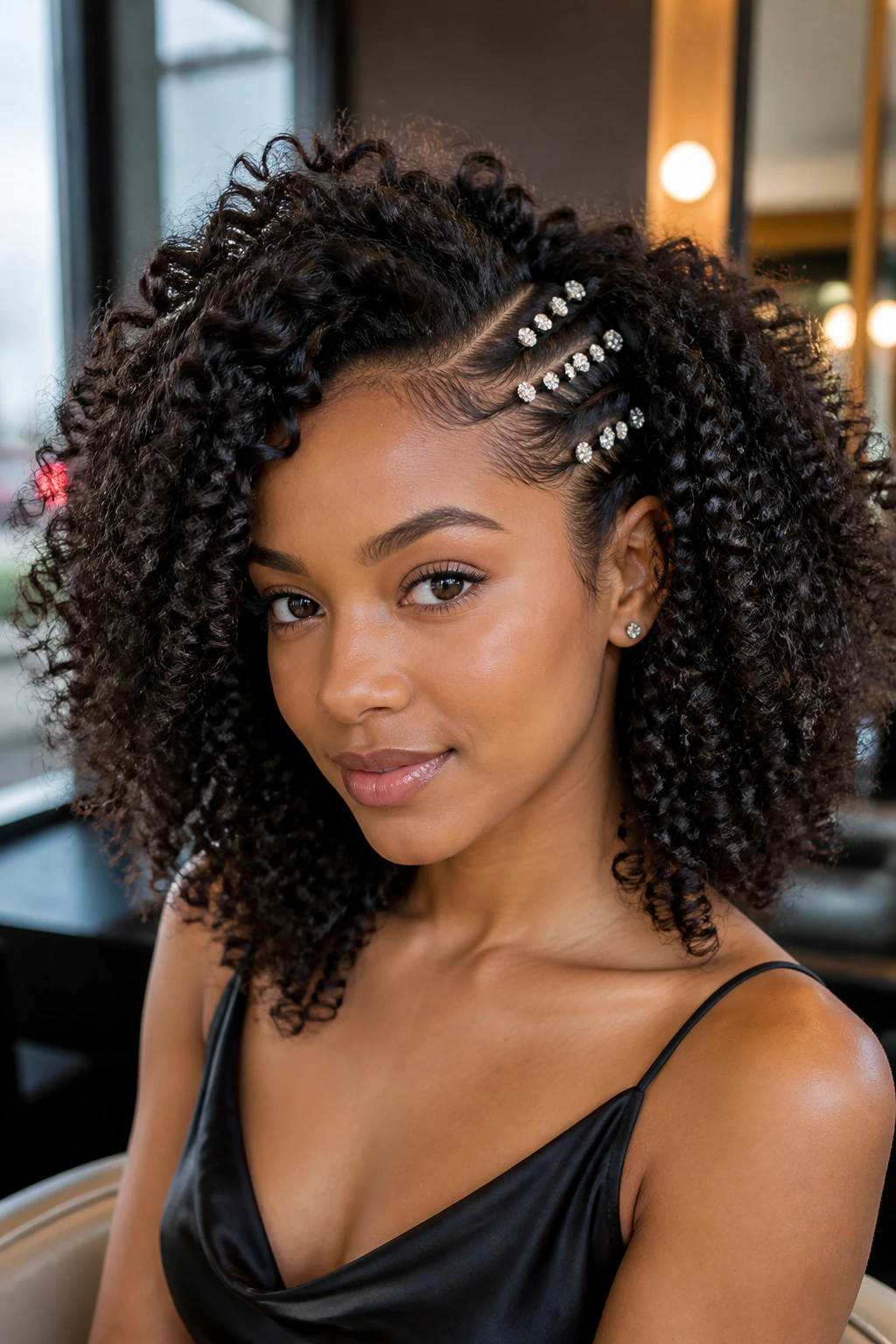 Open natural curls with scattered gem pins across the crown.