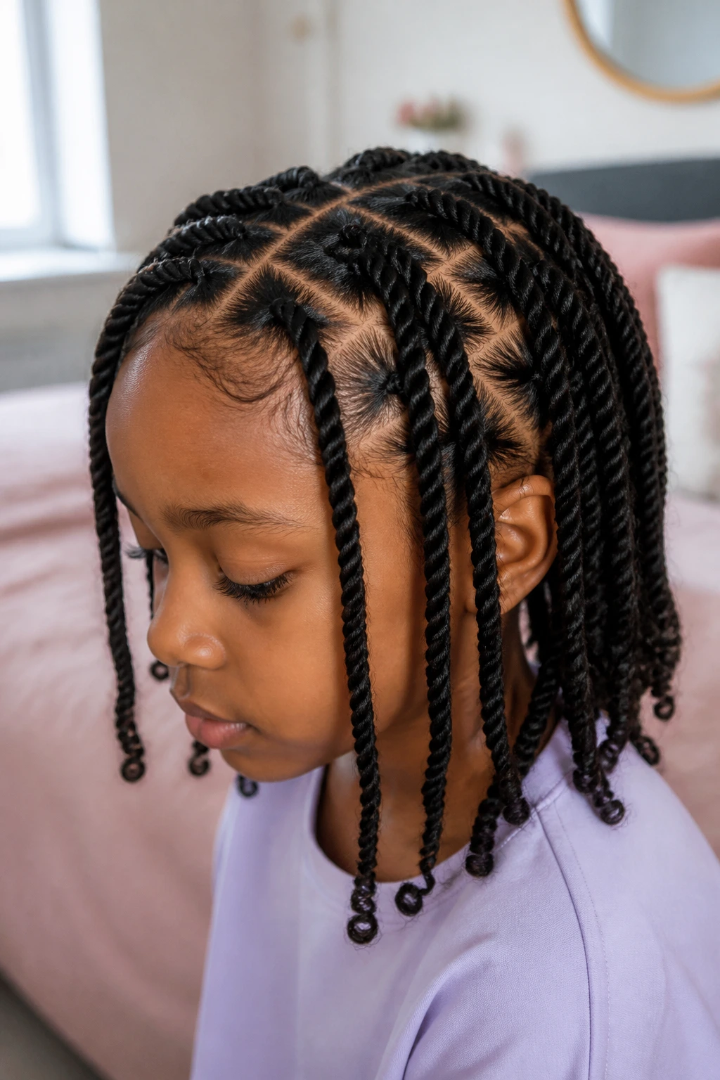 Close-up of neatly finished twists on a calm child in a sunlit room