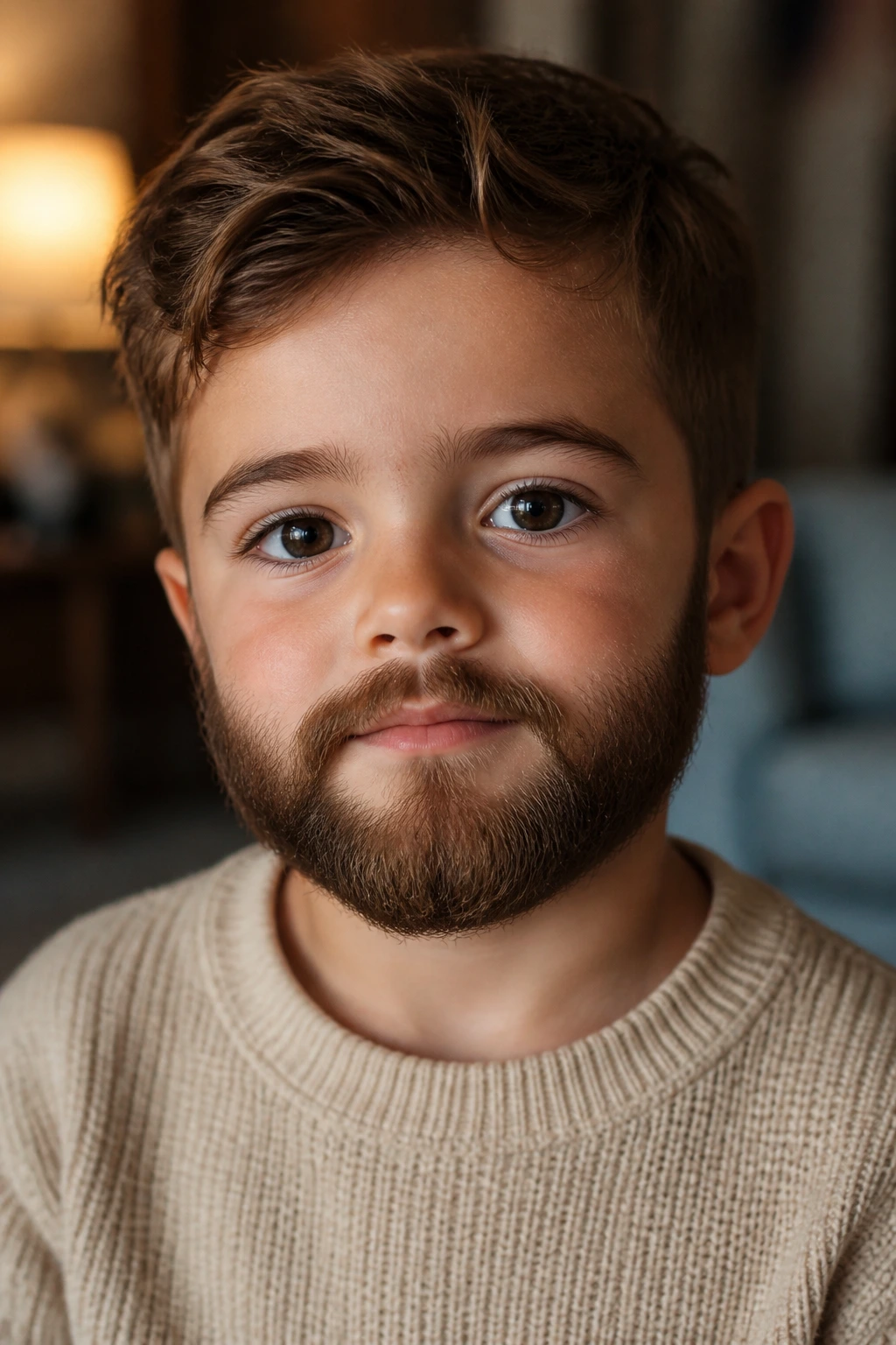 Close-up of a young boy with a soft full beard on the face