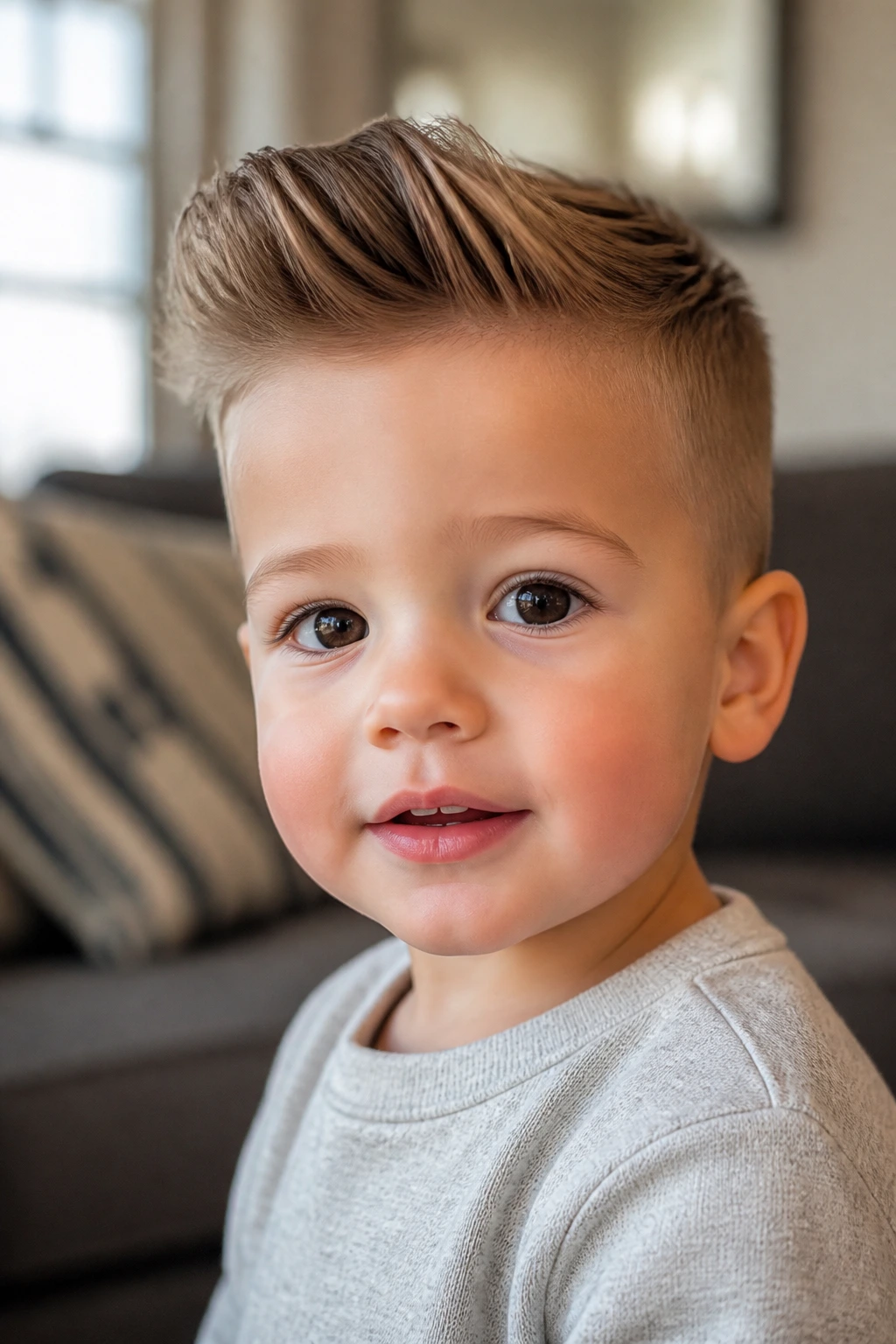 Toddler with a gentle pompadour hairstyle in warm living room light.