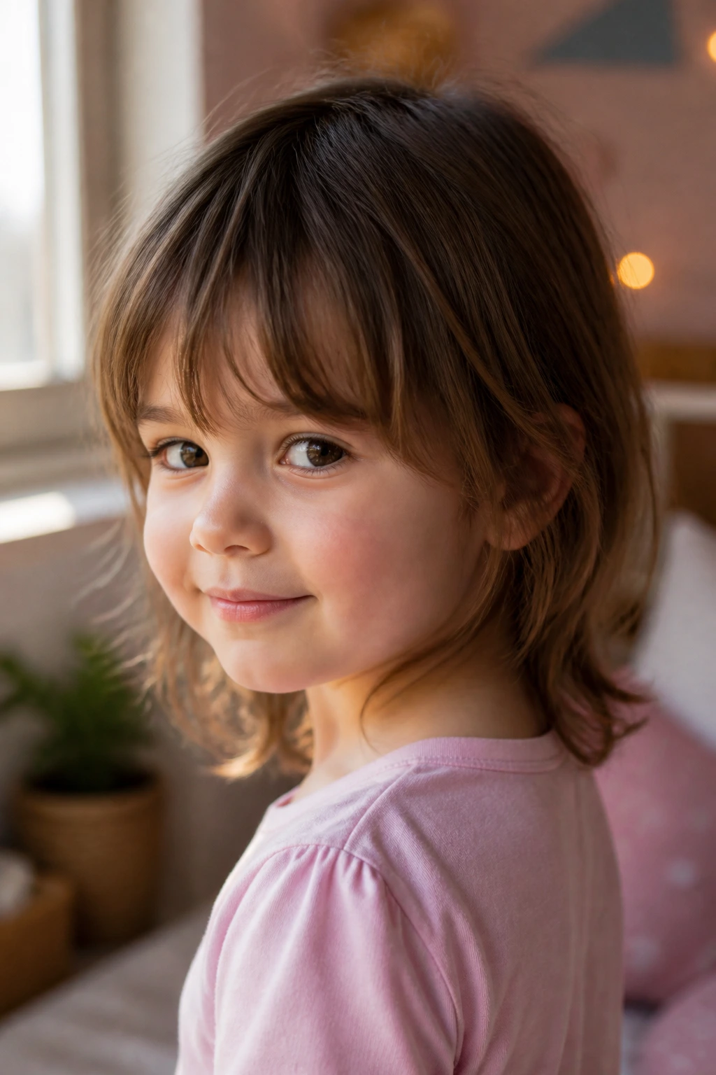 Close-up of a young girl with a gentle shag haircut featuring soft layers and long fringe