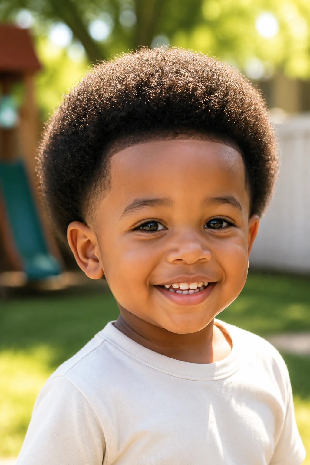 Close-up of a toddler boy with a gentle shape-up Afro