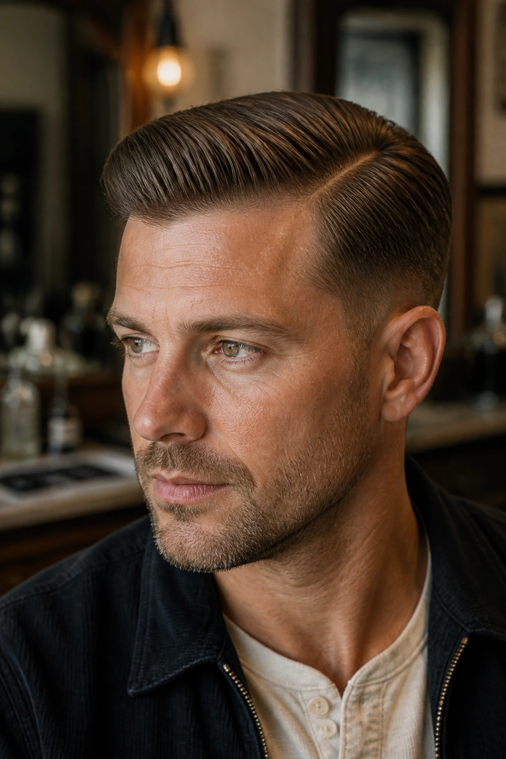Close-up portrait of a man with Gentleman's Taper Comb Over in a retro barber shop