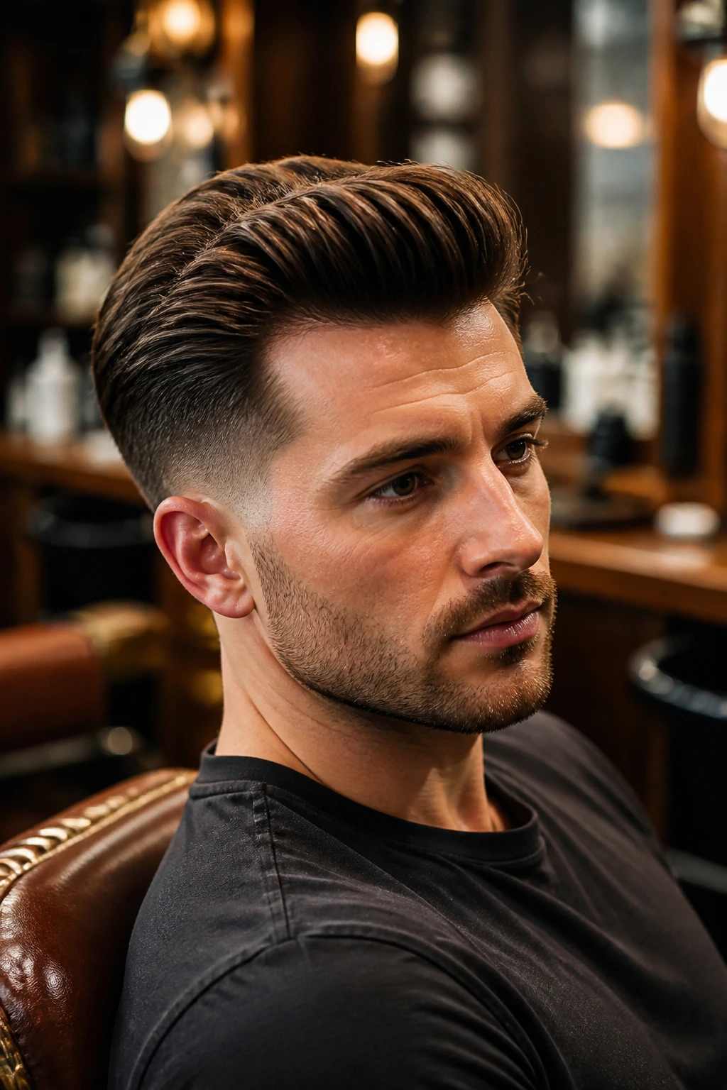 Close-up of man with taper fade and quiff in barbershop setting